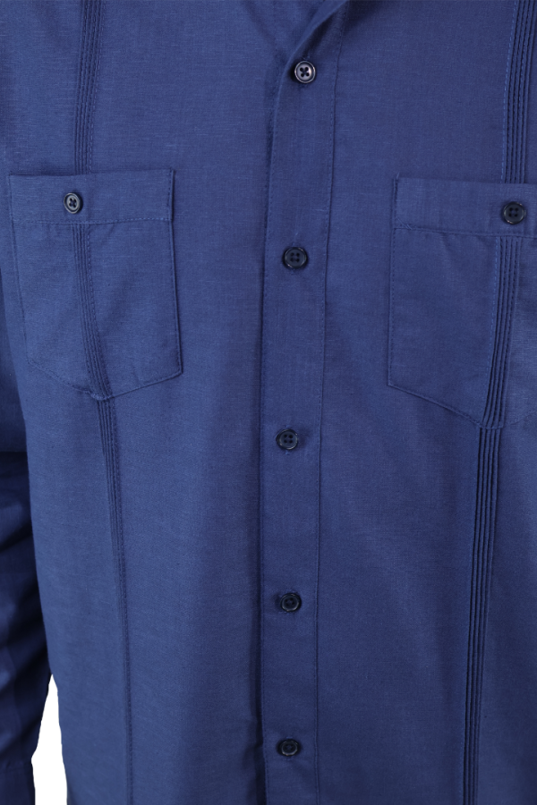Guayabera Corte Clasico Azul Marino Manga Larga Con Alforza Textura Lino Para Hombre
